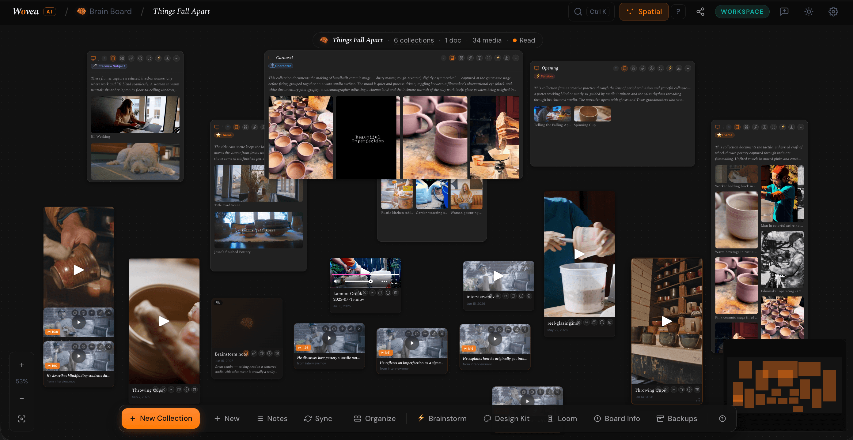 A Wovea Brain Board titled Things Fall Apart, arranged as a spatial canvas of pottery-making photos, video clips, and interview notes for a documentary.