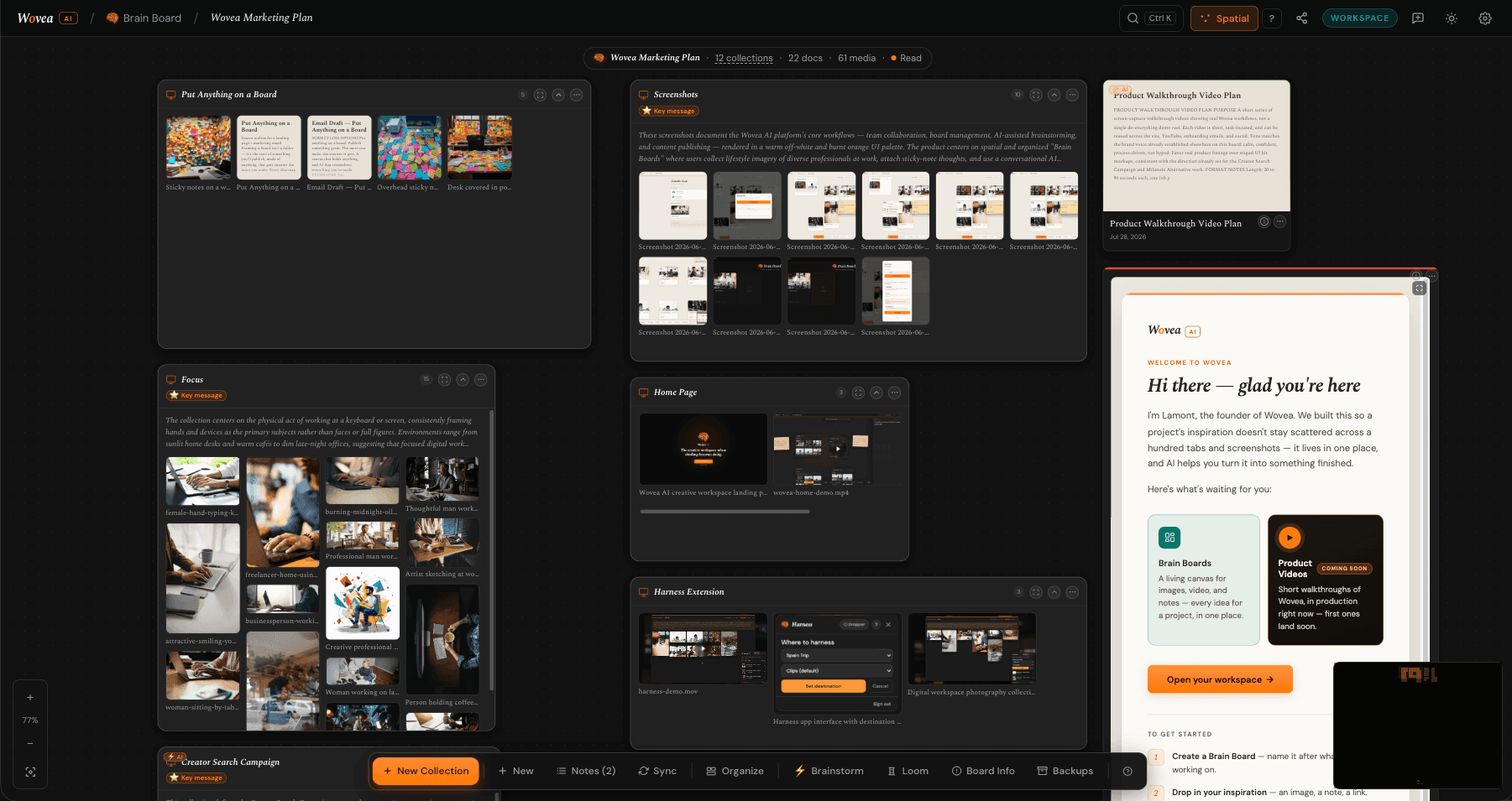 A Wovea board open on the Spatial canvas — named collection panels for Screenshots, Focus, Home Page and Harness Extension laid out across a dark dot-grid workspace, with the board's collection, document and media counts along the top.