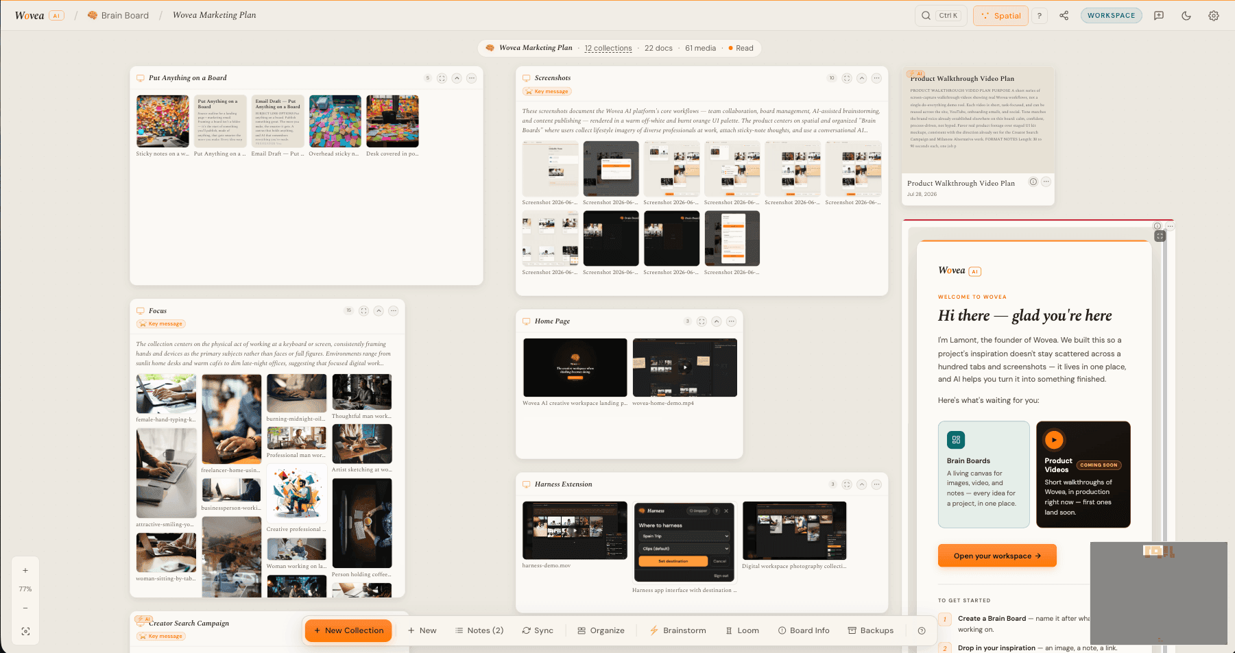 A Wovea board open on the Spatial canvas — named collection panels for Screenshots, Focus, Home Page and Harness Extension laid out across a dark dot-grid workspace, with the board's collection, document and media counts along the top.
