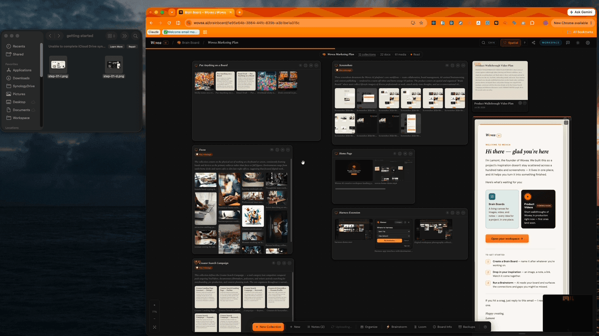 Image files dragged out of a Finder window and dropped onto a Wovea board, landing on the canvas as new cards while the toolbar reports the upload in progress.