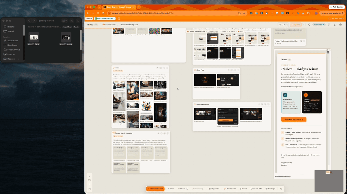 Image files dragged out of a Finder window and dropped onto a Wovea board, landing on the canvas as new cards while the toolbar reports the upload in progress.