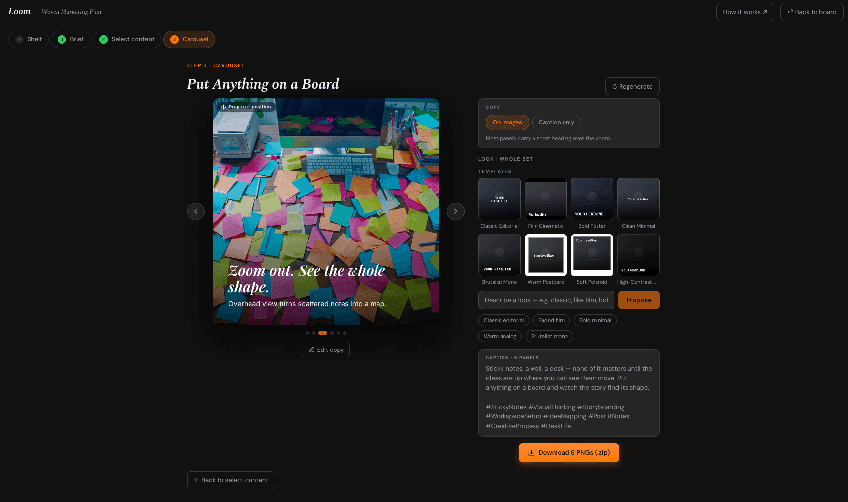 The Loom studio mid-edit — a carousel panel previewed on the left with its headline set over the photo, and controls on the right for the copy mode, a gallery of look templates, a prompt to describe your own look, and the finished caption.