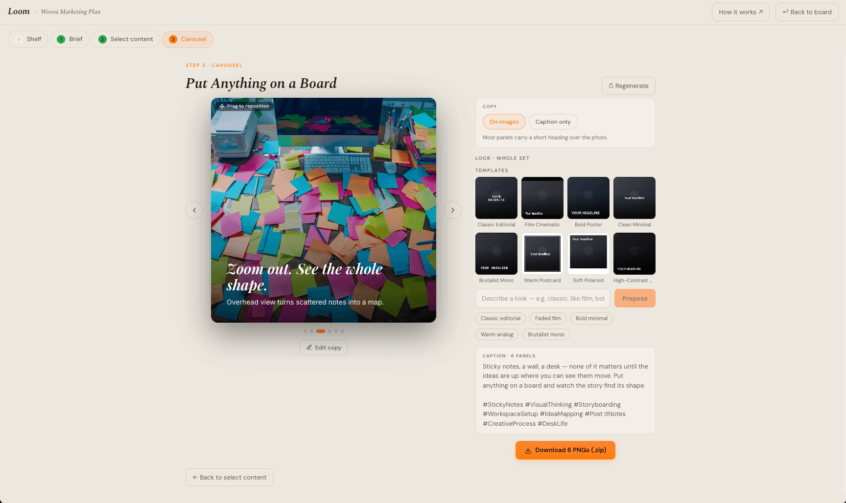 The Loom studio mid-edit — a carousel panel previewed on the left with its headline set over the photo, and controls on the right for the copy mode, a gallery of look templates, a prompt to describe your own look, and the finished caption.