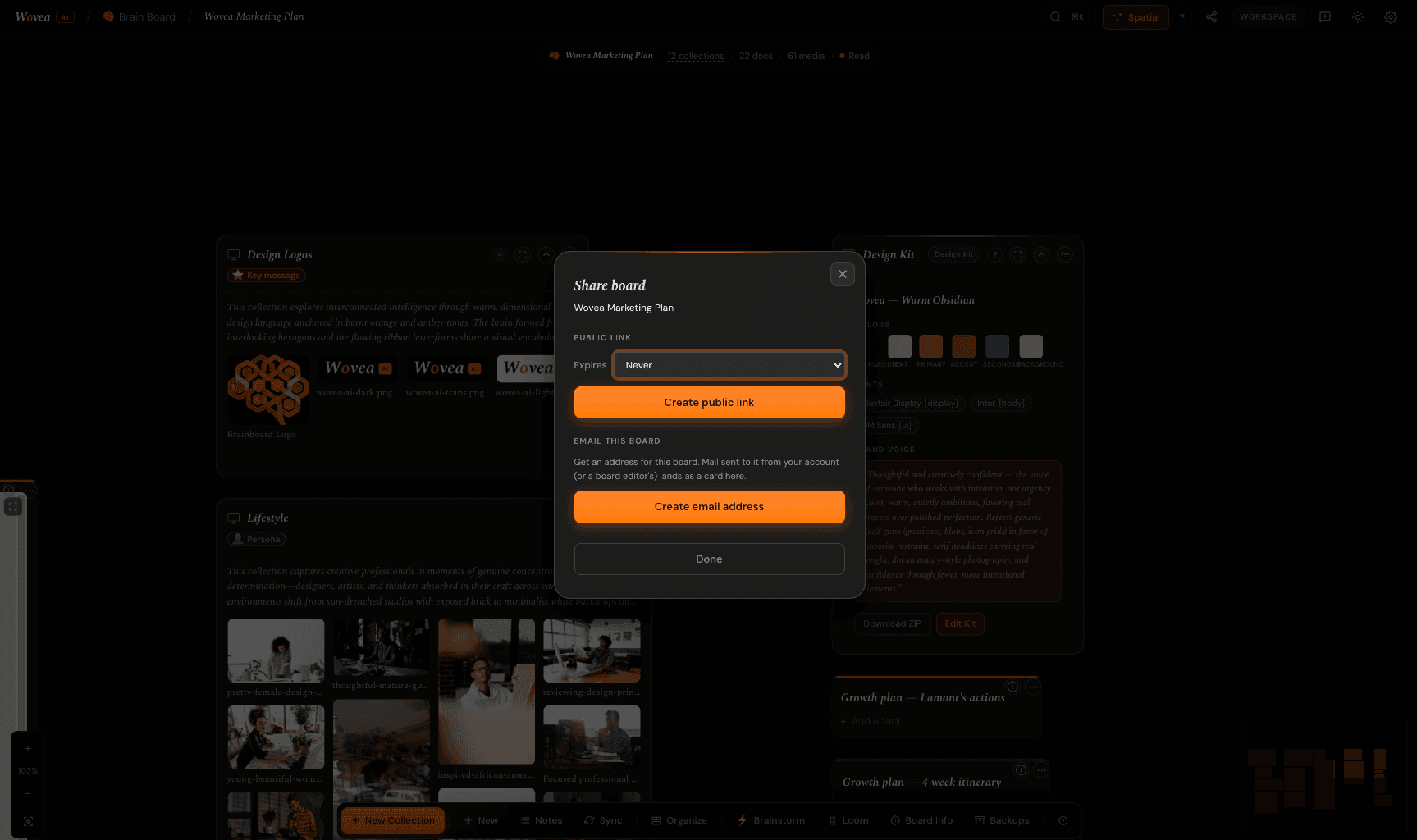 The Share board dialog open over a board, offering a public link that never expires alongside an email address that turns messages sent to it into cards.