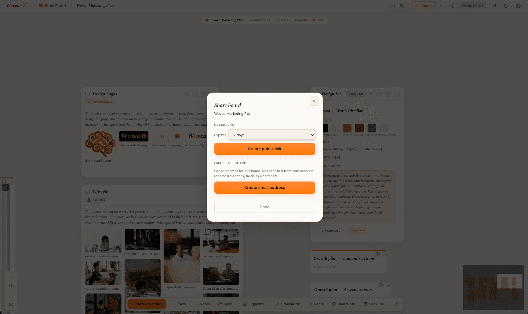 The Share board dialog open over a board, offering a public link that never expires alongside an email address that turns messages sent to it into cards.