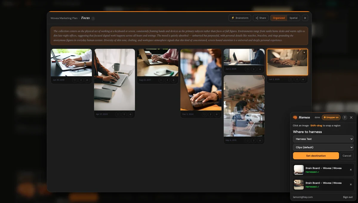 A Wovea board's Clips collection — grabbed images laid out in the Organized grid, auto-tagged