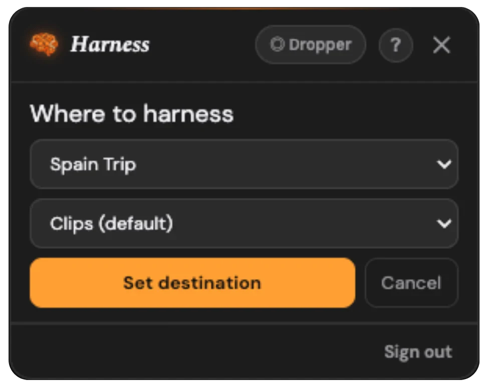 The Harness landing pad on a web page — Dropper on, destination board picker, and queued grabs